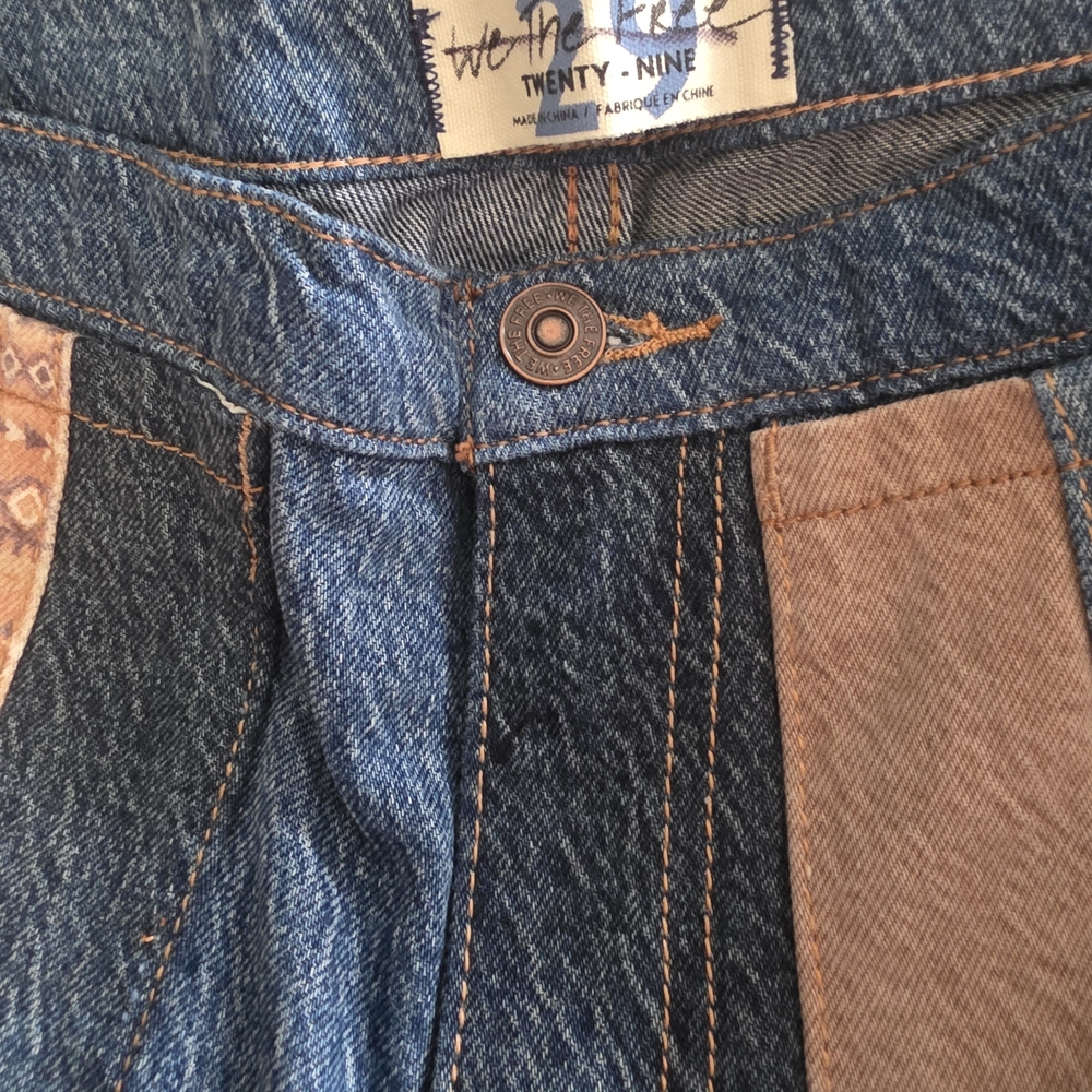 Free People Striped Patchwork Wide-Leg Jeans in Blue and Brown - Picture 2 of 7